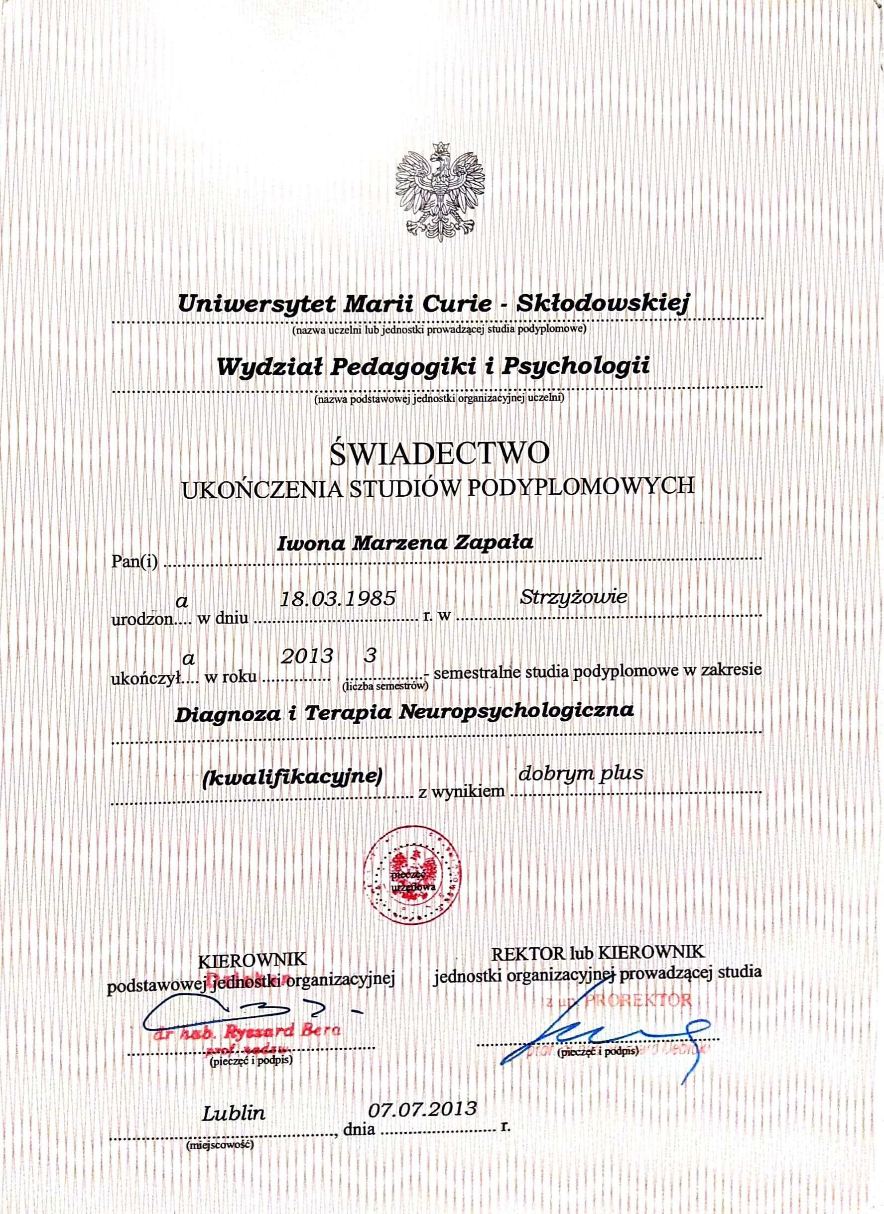 Świadectwo Ukończenia Studiów - Iwona Piesko